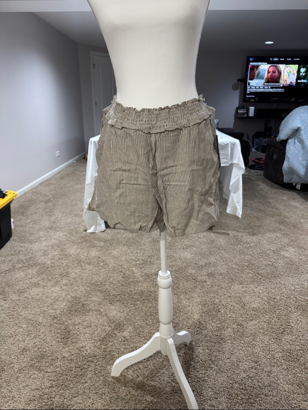 Women’s Elastic Waist Tan Striped Casual Shorts